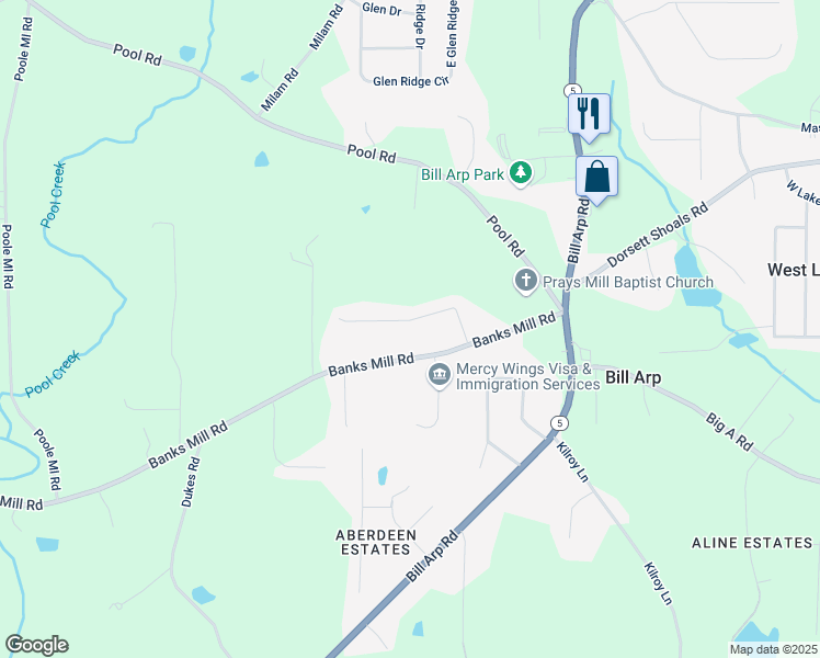 map of restaurants, bars, coffee shops, grocery stores, and more near 7240 Colony Lane in Douglasville