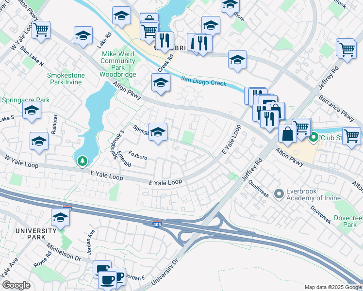 map of restaurants, bars, coffee shops, grocery stores, and more near in Irvine