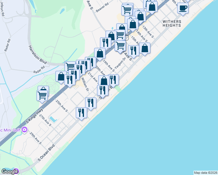 map of restaurants, bars, coffee shops, grocery stores, and more near 2007 South Ocean Boulevard in Myrtle Beach