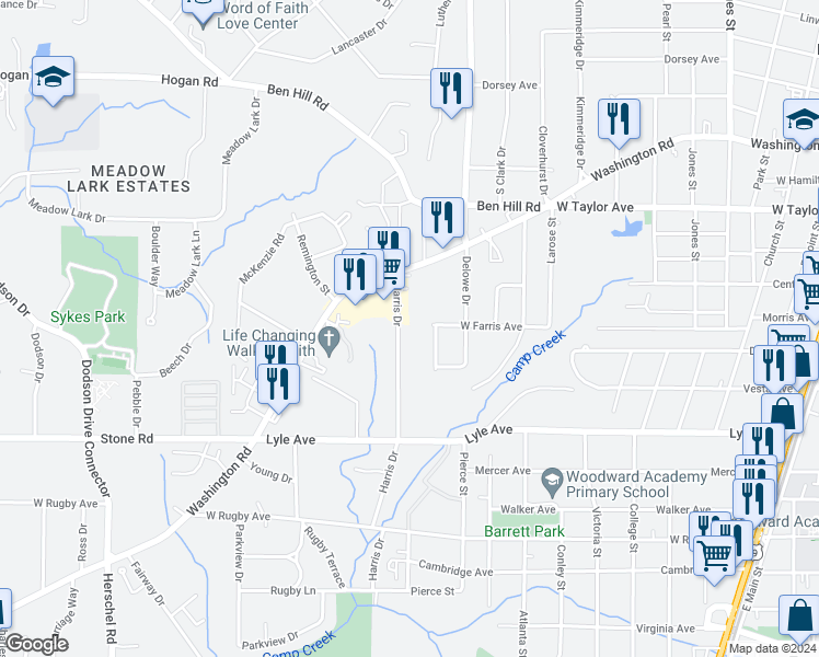 map of restaurants, bars, coffee shops, grocery stores, and more near 3156 Harris Drive in Atlanta