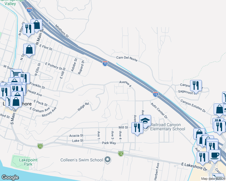 map of restaurants, bars, coffee shops, grocery stores, and more near 532 Enzo Street in Lake Elsinore