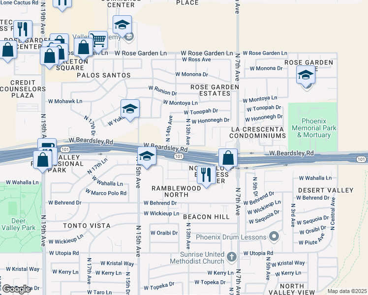 map of restaurants, bars, coffee shops, grocery stores, and more near 1311 West Pontiac Drive in Phoenix