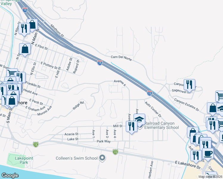 map of restaurants, bars, coffee shops, grocery stores, and more near 913 Helena Ridge in Lake Elsinore