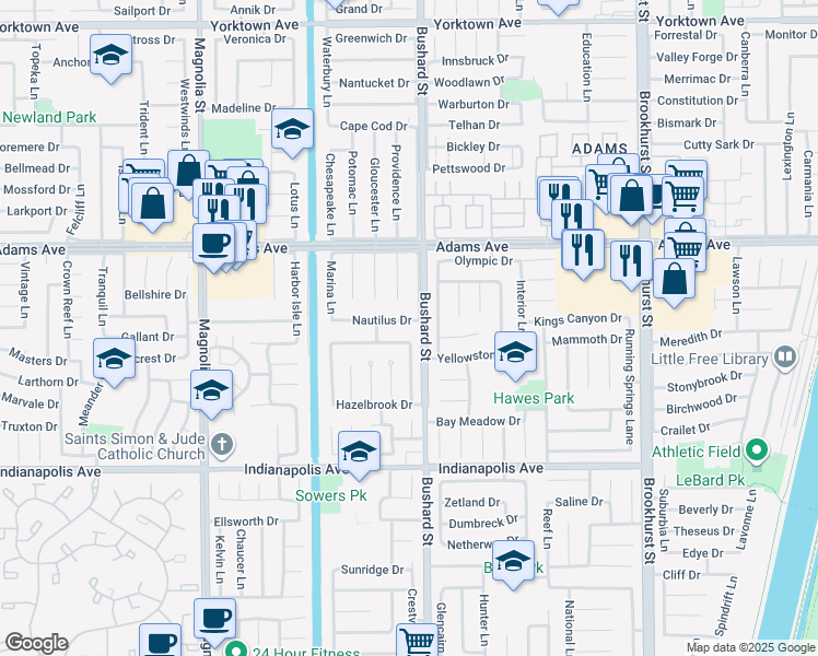 map of restaurants, bars, coffee shops, grocery stores, and more near 9442 Nautilus Drive in Huntington Beach