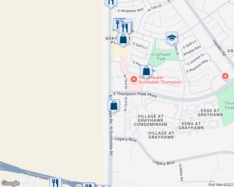 map of restaurants, bars, coffee shops, grocery stores, and more near 7259-7299 East Thompson Peak Parkway in Scottsdale