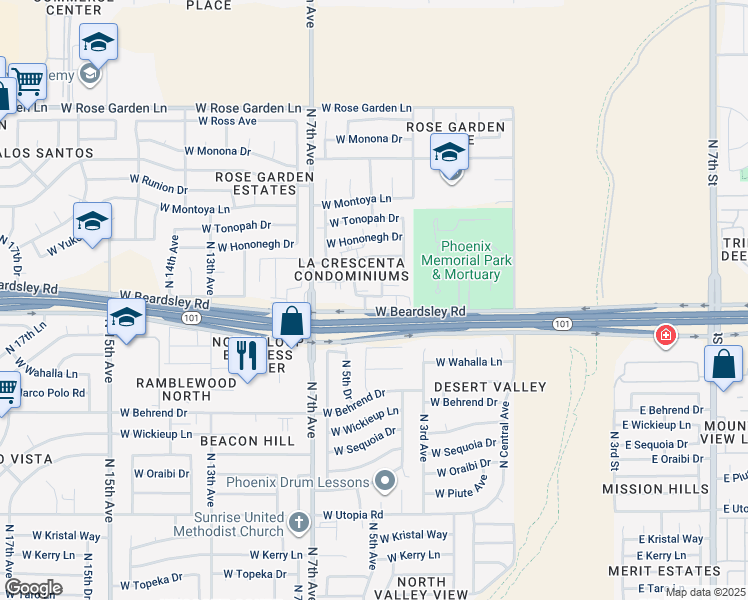 map of restaurants, bars, coffee shops, grocery stores, and more near 427 West Pontiac Drive in Phoenix