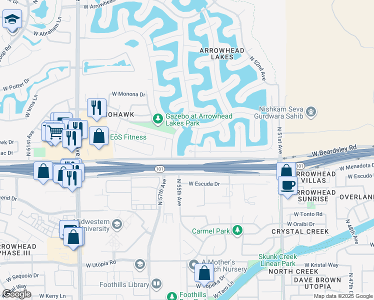 map of restaurants, bars, coffee shops, grocery stores, and more near 5426 West Pontiac Drive in Glendale