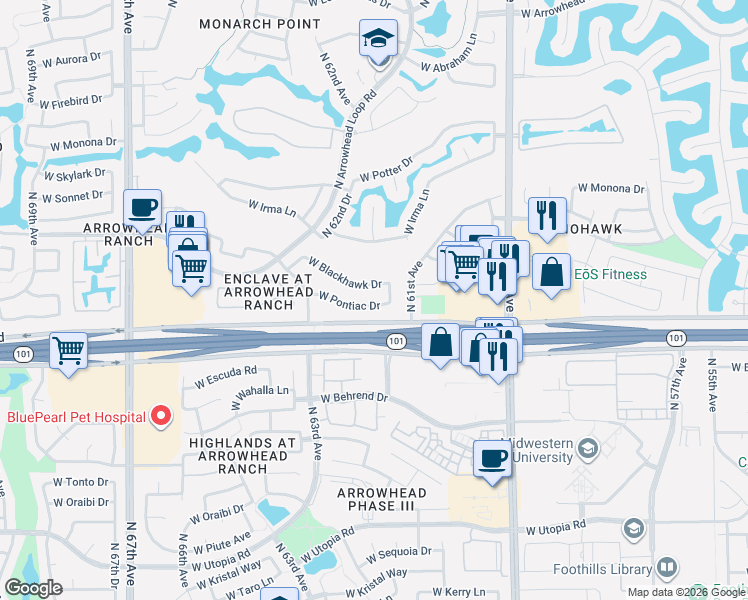 map of restaurants, bars, coffee shops, grocery stores, and more near 6169 West Pontiac Drive in Glendale