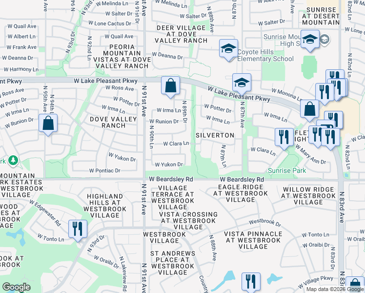 map of restaurants, bars, coffee shops, grocery stores, and more near 20391 North 89th Drive in Peoria