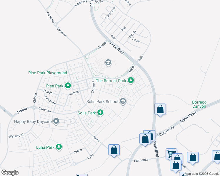 map of restaurants, bars, coffee shops, grocery stores, and more near C Street in Irvine