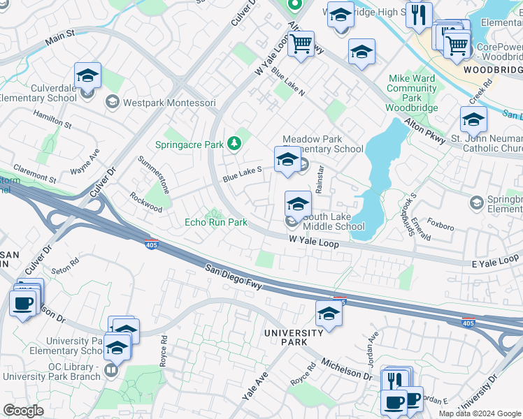 map of restaurants, bars, coffee shops, grocery stores, and more near 18 Goldstone in Irvine