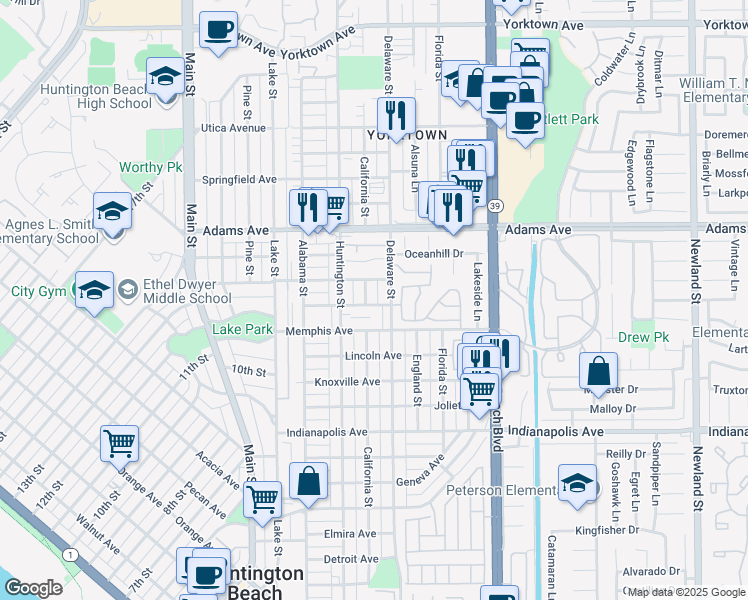 map of restaurants, bars, coffee shops, grocery stores, and more near 1335 Delaware Street in Huntington Beach