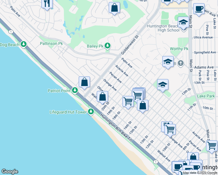 map of restaurants, bars, coffee shops, grocery stores, and more near 301 21st Street in Huntington Beach
