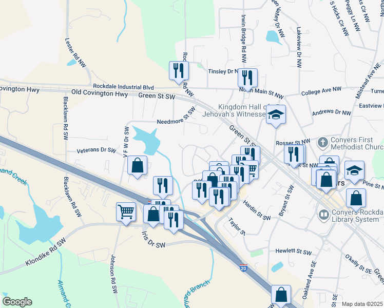 map of restaurants, bars, coffee shops, grocery stores, and more near 2428 Black Forest Drive in Conyers