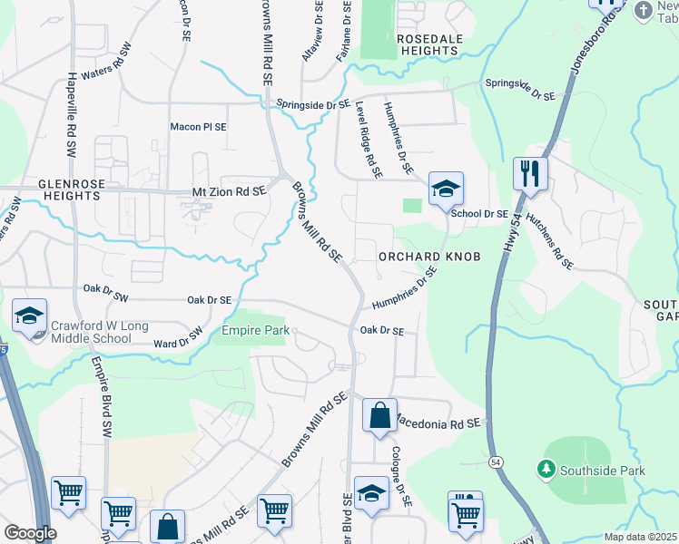 map of restaurants, bars, coffee shops, grocery stores, and more near 3157 Browns Mill Road Southeast in Atlanta
