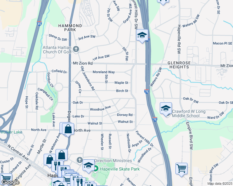 map of restaurants, bars, coffee shops, grocery stores, and more near 244 Birch Street in Hapeville