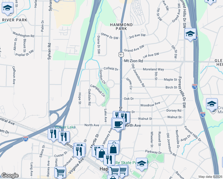 map of restaurants, bars, coffee shops, grocery stores, and more near 624 Gordon Circle in Hapeville