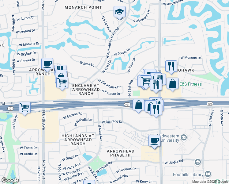 map of restaurants, bars, coffee shops, grocery stores, and more near 6173 West Pontiac Drive in Glendale