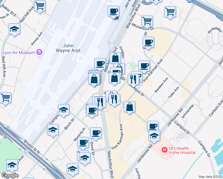 map of restaurants, bars, coffee shops, grocery stores, and more near 4685 Macarthur Court in Newport Beach