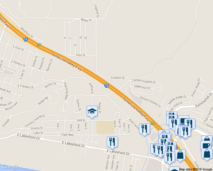 map of restaurants, bars, coffee shops, grocery stores, and more near Temecula Valley Freeway in Lake Elsinore