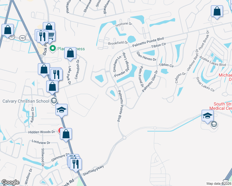 map of restaurants, bars, coffee shops, grocery stores, and more near 850 Hayes Point Circle in Myrtle Beach
