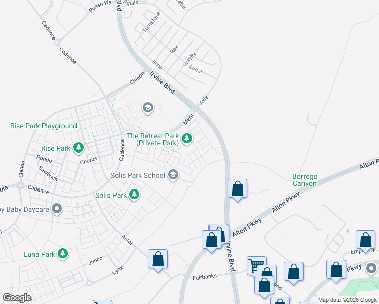 map of restaurants, bars, coffee shops, grocery stores, and more near C Street in Irvine
