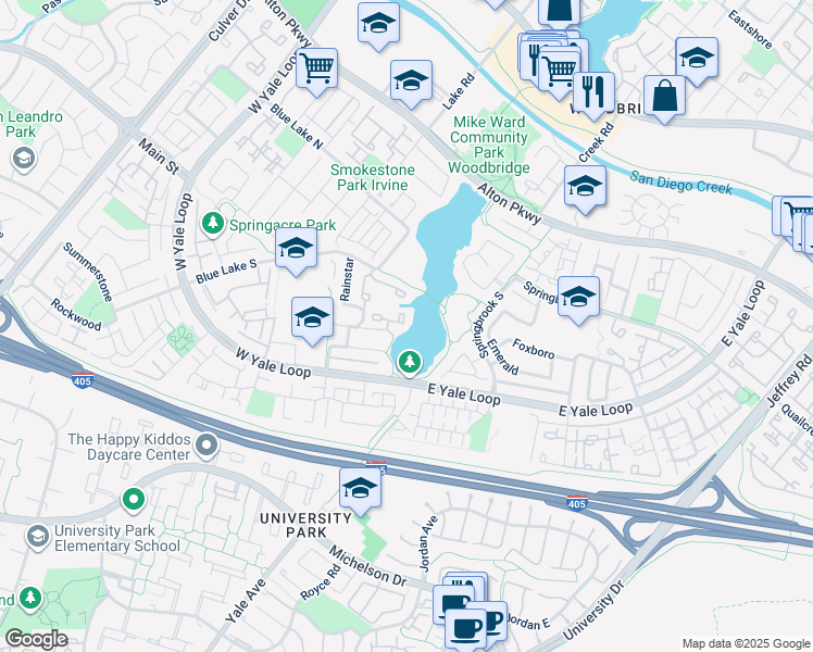map of restaurants, bars, coffee shops, grocery stores, and more near 12 Waterway in Irvine