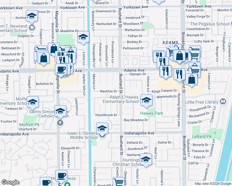 map of restaurants, bars, coffee shops, grocery stores, and more near 9442 Nautilus Drive in Huntington Beach