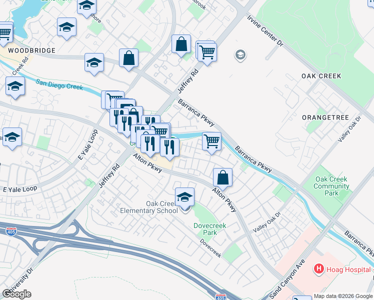 map of restaurants, bars, coffee shops, grocery stores, and more near 8 Huckleberry in Irvine