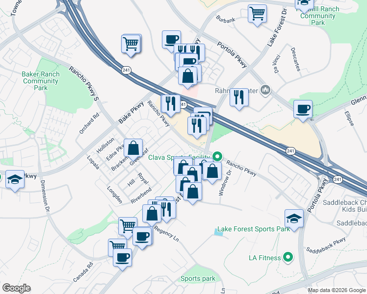 map of restaurants, bars, coffee shops, grocery stores, and more near 200 Sierra Madre in Lake Forest
