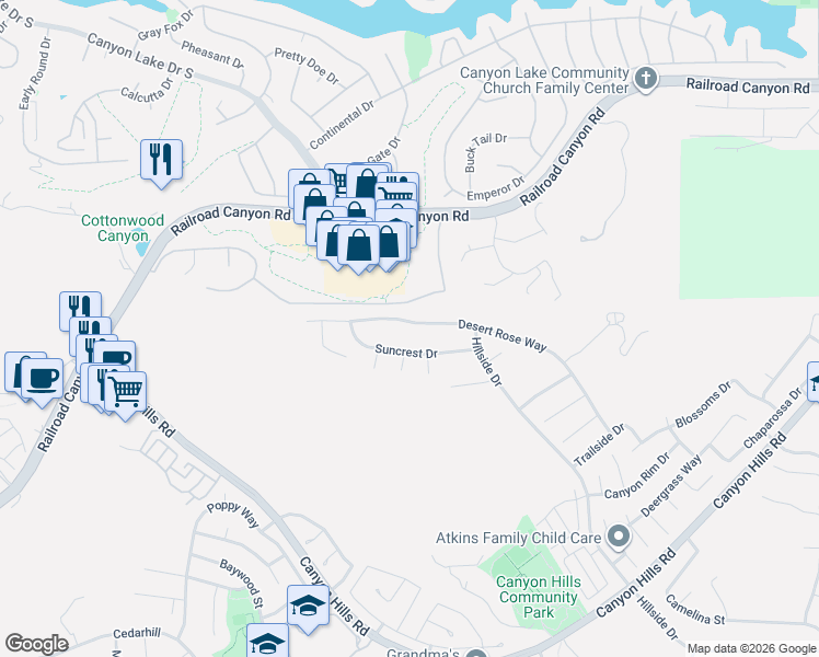 map of restaurants, bars, coffee shops, grocery stores, and more near 35488 Suncrest Drive in Lake Elsinore
