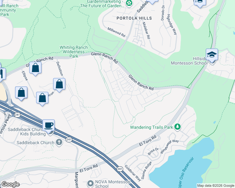 map of restaurants, bars, coffee shops, grocery stores, and more near 1281 Viejo Hills Drive in Lake Forest
