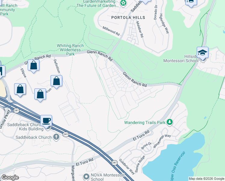 map of restaurants, bars, coffee shops, grocery stores, and more near 1281 Viejo Hills Drive in Lake Forest