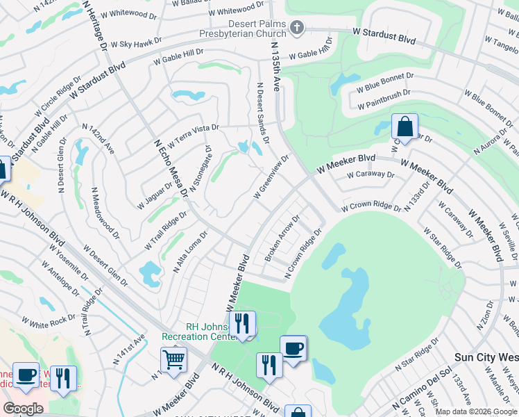 map of restaurants, bars, coffee shops, grocery stores, and more near 20214 North Creekwood Court in Sun City West
