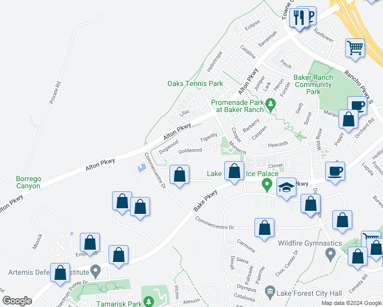 map of restaurants, bars, coffee shops, grocery stores, and more near 340 Riverbend in Lake Forest