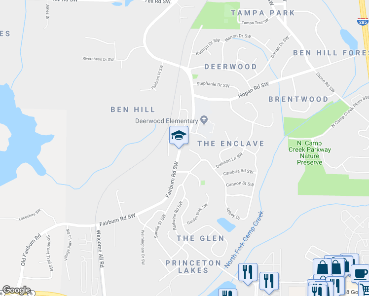 map of restaurants, bars, coffee shops, grocery stores, and more near 3073 Kensington Court Southwest in Atlanta