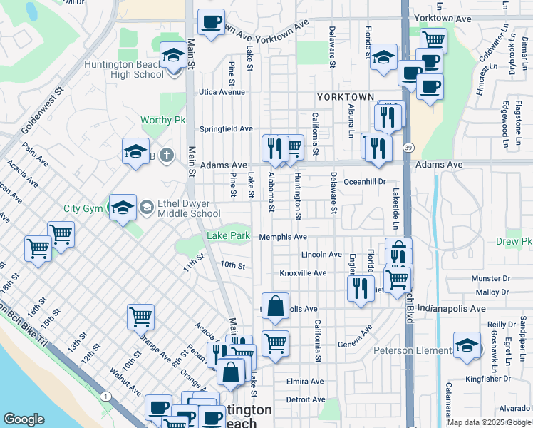 map of restaurants, bars, coffee shops, grocery stores, and more near 1407 Alabama Street in Huntington Beach