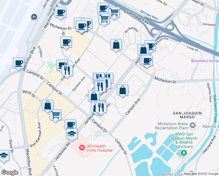 map of restaurants, bars, coffee shops, grocery stores, and more near 18575 Jamboree Road in Irvine