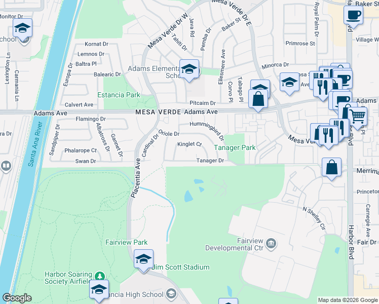 map of restaurants, bars, coffee shops, grocery stores, and more near 1811 Tanager Drive in Costa Mesa