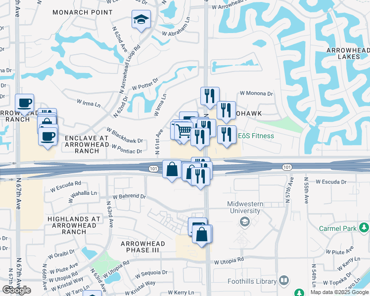 map of restaurants, bars, coffee shops, grocery stores, and more near 20220 North 59th Avenue in Glendale
