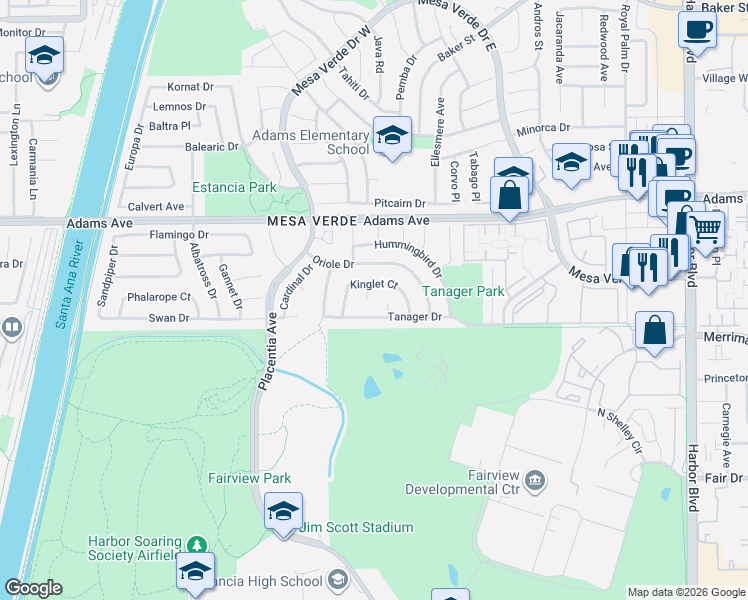 map of restaurants, bars, coffee shops, grocery stores, and more near 2716 Skylark Circle in Costa Mesa