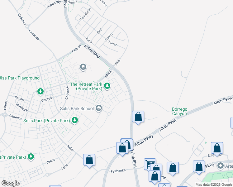 map of restaurants, bars, coffee shops, grocery stores, and more near C Street in Irvine