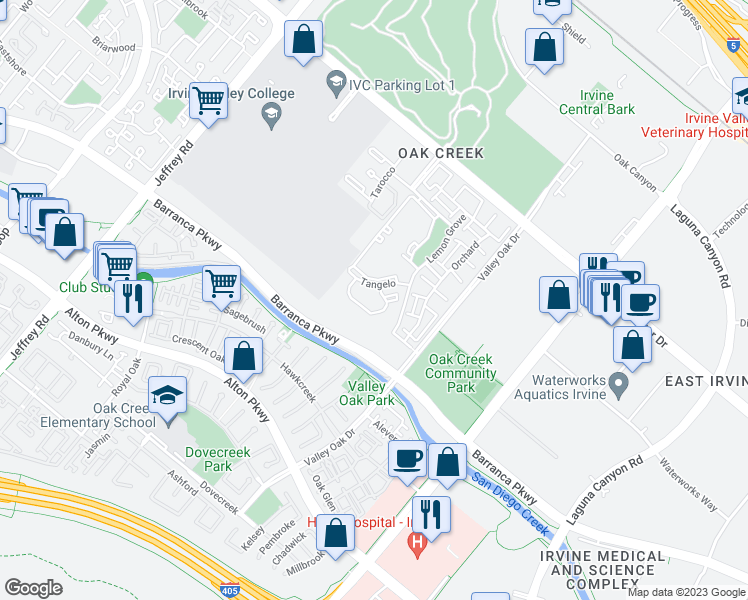 map of restaurants, bars, coffee shops, grocery stores, and more near 344 Apricot Drive in Irvine