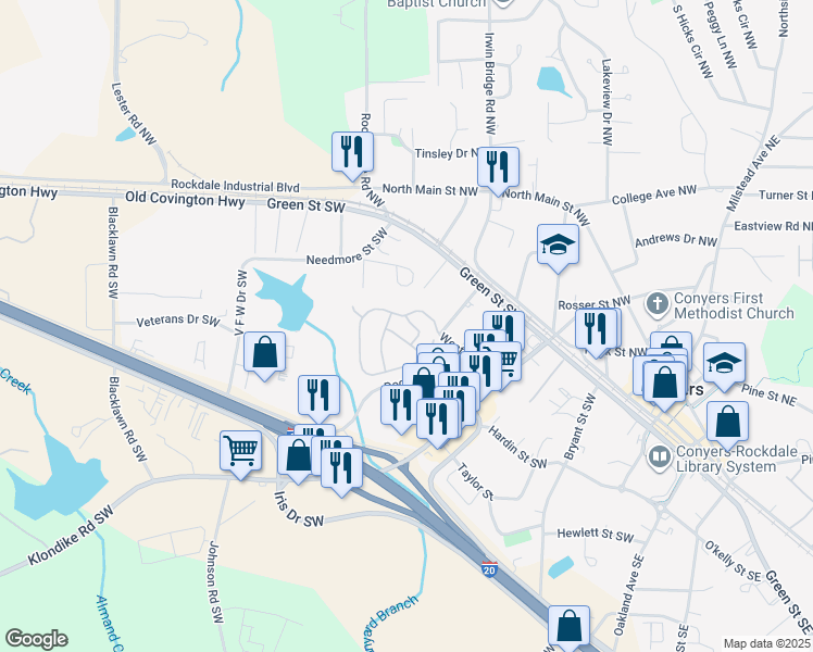 map of restaurants, bars, coffee shops, grocery stores, and more near 2322 Haflinger Circle in Conyers