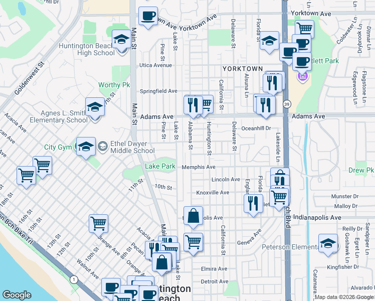 map of restaurants, bars, coffee shops, grocery stores, and more near 1407 Alabama Street in Huntington Beach