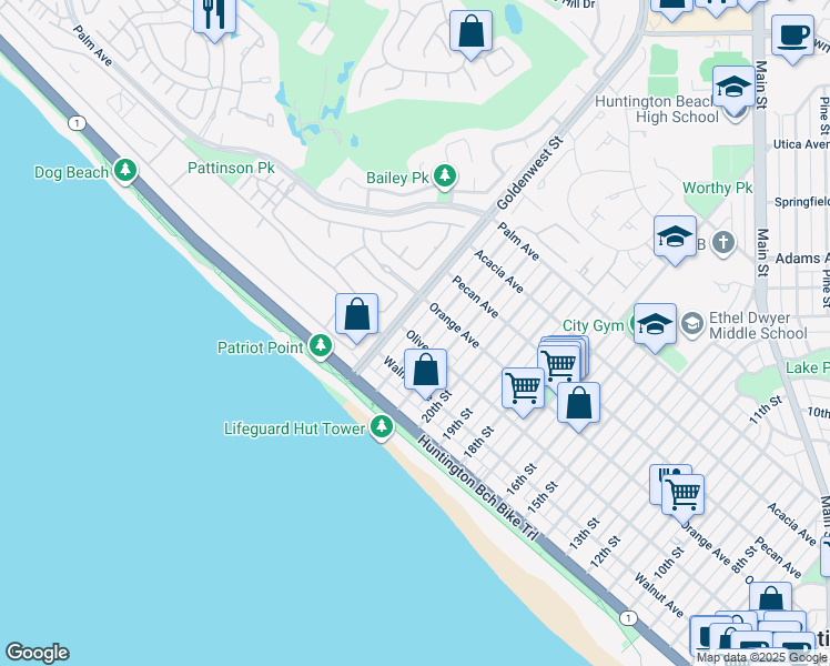 map of restaurants, bars, coffee shops, grocery stores, and more near 301 22nd Street in Huntington Beach