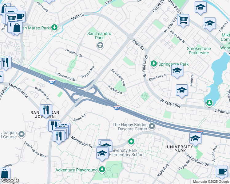 map of restaurants, bars, coffee shops, grocery stores, and more near 113 Rockwood in Irvine