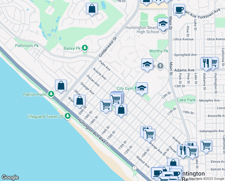 map of restaurants, bars, coffee shops, grocery stores, and more near 516 19th Street in Huntington Beach