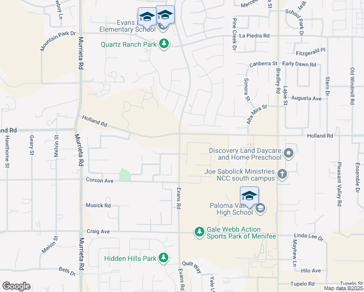 map of restaurants, bars, coffee shops, grocery stores, and more near 26067 Holland Road in Menifee