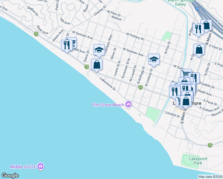 map of restaurants, bars, coffee shops, grocery stores, and more near 912 Lakeshore Dr in Lake Elsinore